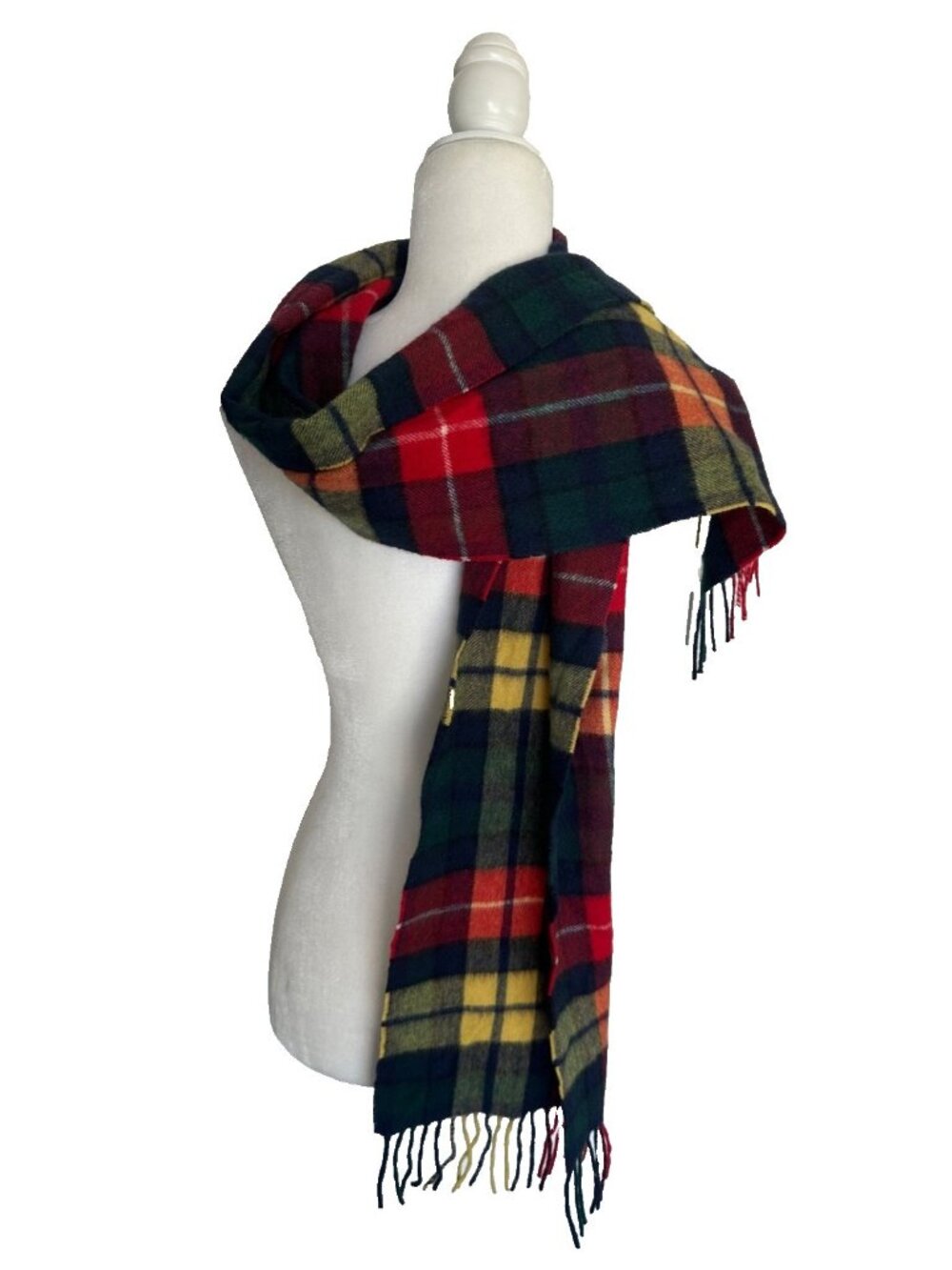 Edinburgh 100% Cashmere Red Blue Yellow Plaid Fringe Scarf Fall Winter Old Money